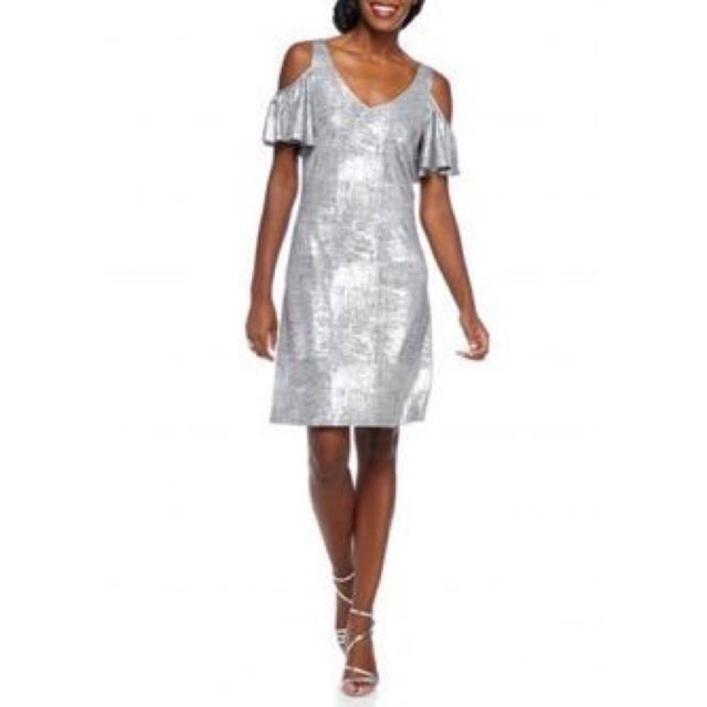 Silver cold shoulder dress w/ flutter sleeves